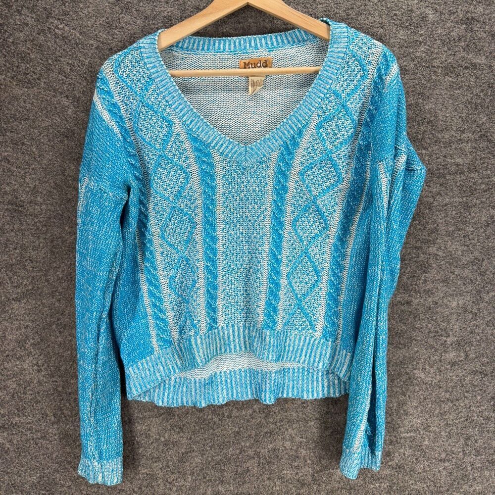 Mudd Sweater Pullover Women M Medium Blue Geometric Knit V-Neck Cotton Casual